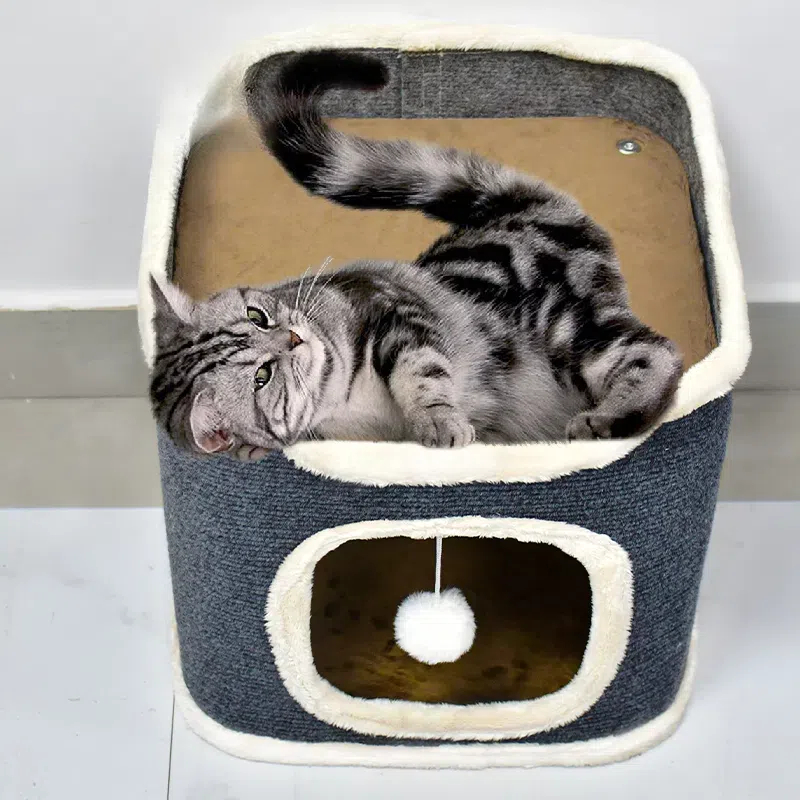 3-Tiers Cat Bed Pet House, Large Covered Cave Hideaway with Soft Mat and Fluffy Ball Hanging for Comfort