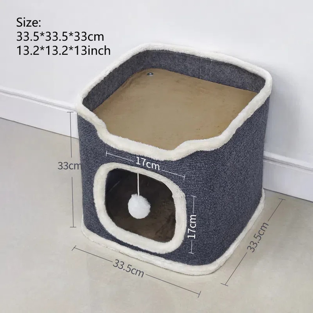 3-Tiers Cat Bed Pet House, Large Covered Cave Hideaway with Soft Mat and Fluffy Ball Hanging for Comfort