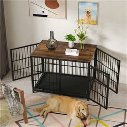 large wooden dog crate indoor furniture, elevated pet dog cage kennel end table with 3 doors & removable tray