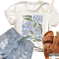 flowers in blue flower tee shirt, botanical tee, boho tee, wildflower shirt, plant shirt, botanical shirt, retro floral