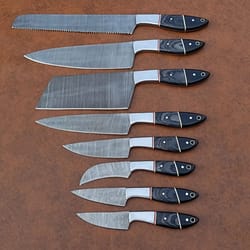 handmade damascus kitchen set of 8 pieces, chef set, damascus steel set, professional chef set.