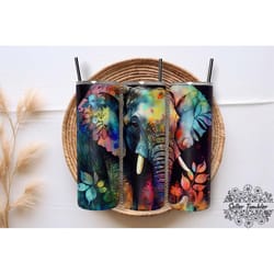 elephant side neon alcohol ink floral 20 oz, tumbler 20 oz wrap png, skinny tumbler designs png