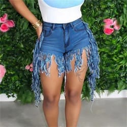 summer high waist skinny denim shorts, tassel zipper fly jeans for street & night club style