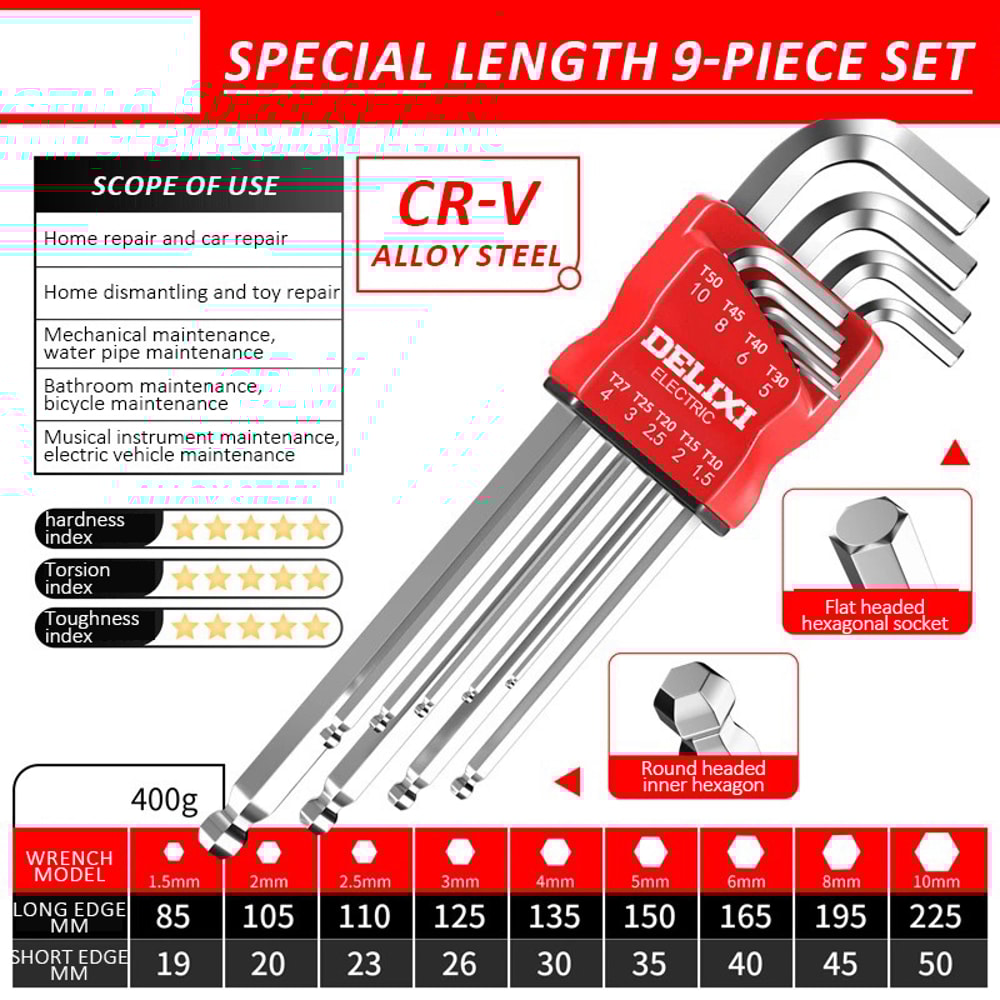 DELIXI ELECTRIC Allen Key Set, Universal Torque Long Metric Hex Wrench Screwdriver for Motorcycles & Bicycles