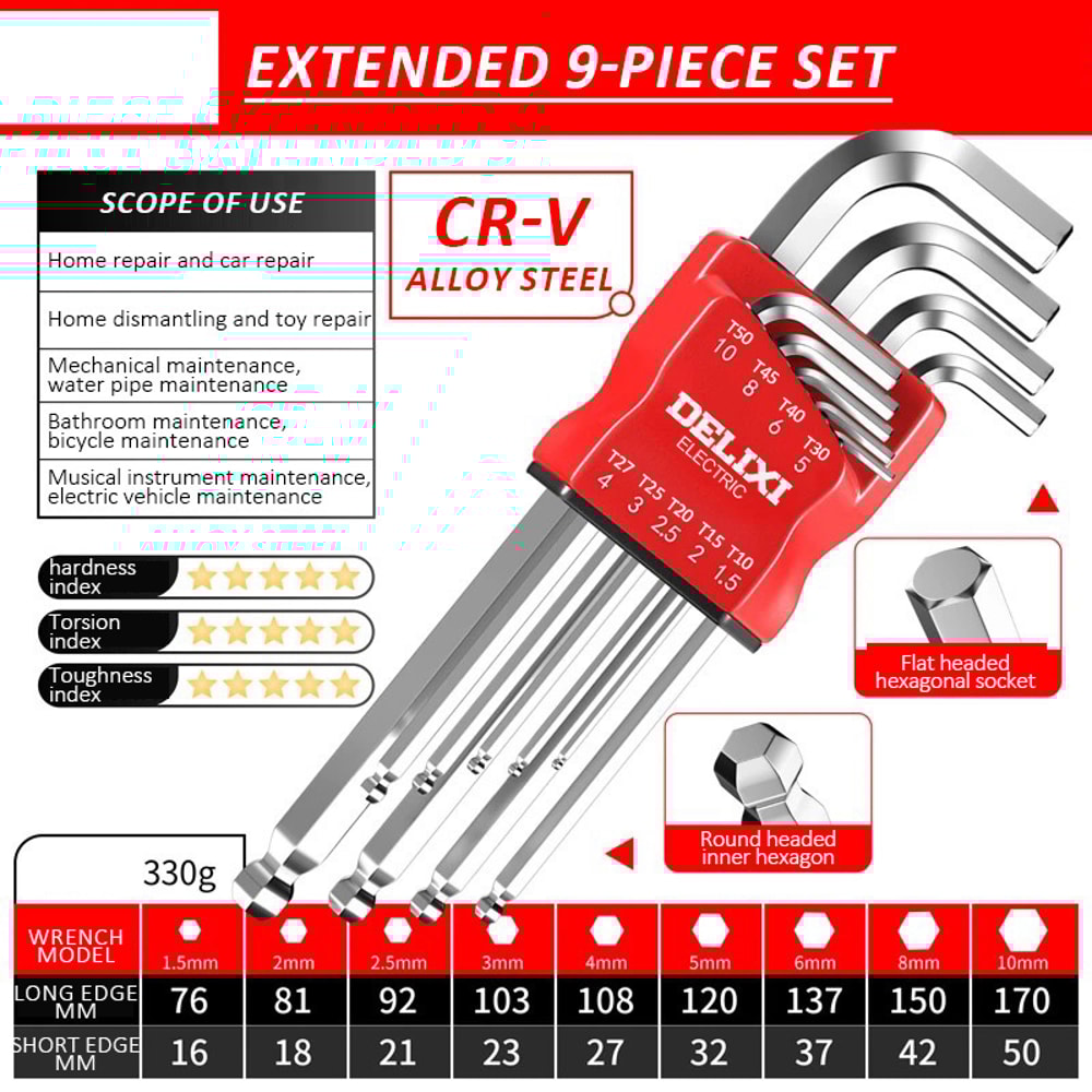 DELIXI ELECTRIC Allen Key Set, Universal Torque Long Metric Hex Wrench Screwdriver for Motorcycles & Bicycles