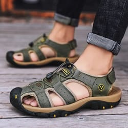 summer men leather sandals, breathable outdoor casual beach shoes, fashion roman style slippers for men