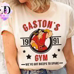 gastons gym weve got biceps to spare retro t-shirt, disney beauty and the beast charact