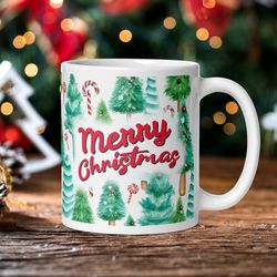 xmas tree retro style coffee mug with sweets, magic ceramic mug, wraparound mug, christmas tree mug, holidays coffee mug