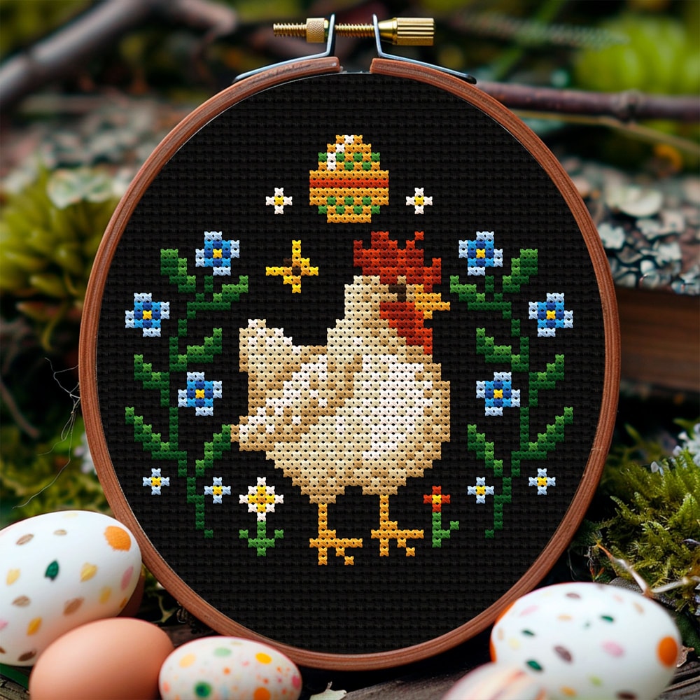 Spring Hen Cross Stitch Pattern Farmhouse Easter Embroidery With Flowers Eggs 5