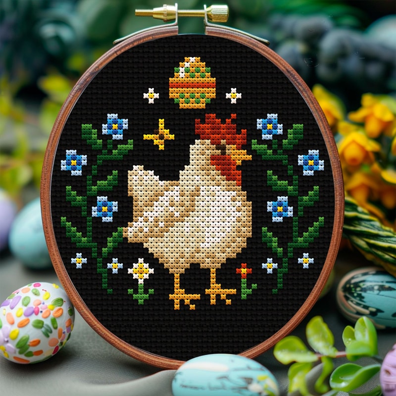 Spring Hen Cross Stitch Pattern Farmhouse Easter Embroidery With Flowers Eggs 0