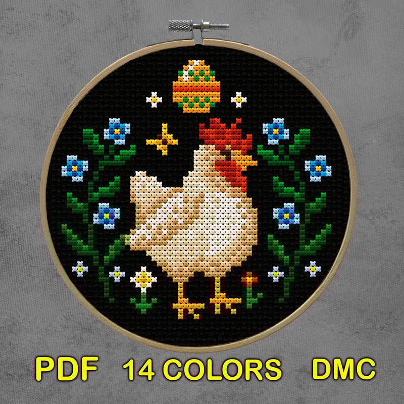 Spring Hen Cross Stitch Pattern Farmhouse Easter Embroidery With Flowers Eggs 1