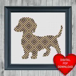 brown patchwork dachshund cross stitch pattern, instant pdf download, x stitching, 14ct aida, needle thread, dmc floss
