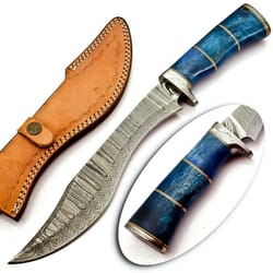 custom handmade damascus steel 14.5 inches bowie knife - camel bone handle with leather sheath