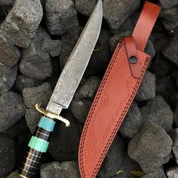 custom handmade damascus steel blade bowie knife with leather sheath