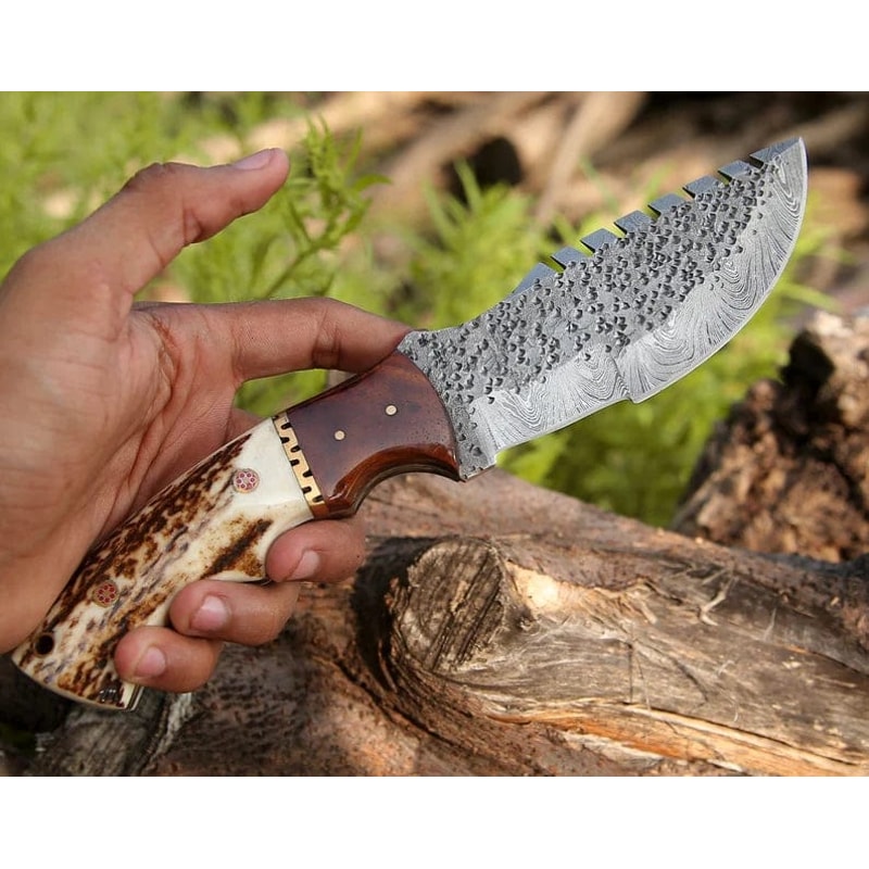 Damascus Steel Tracker Hunting Knife With Stag Horn Handle And Leather Sheath 0