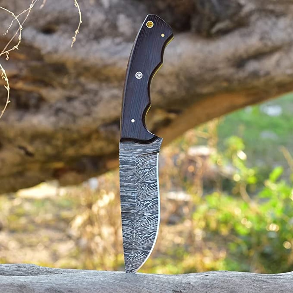 Custom Handmade Damascus Hunting Knife With Rose Wood Handle And Leather Sheath 1