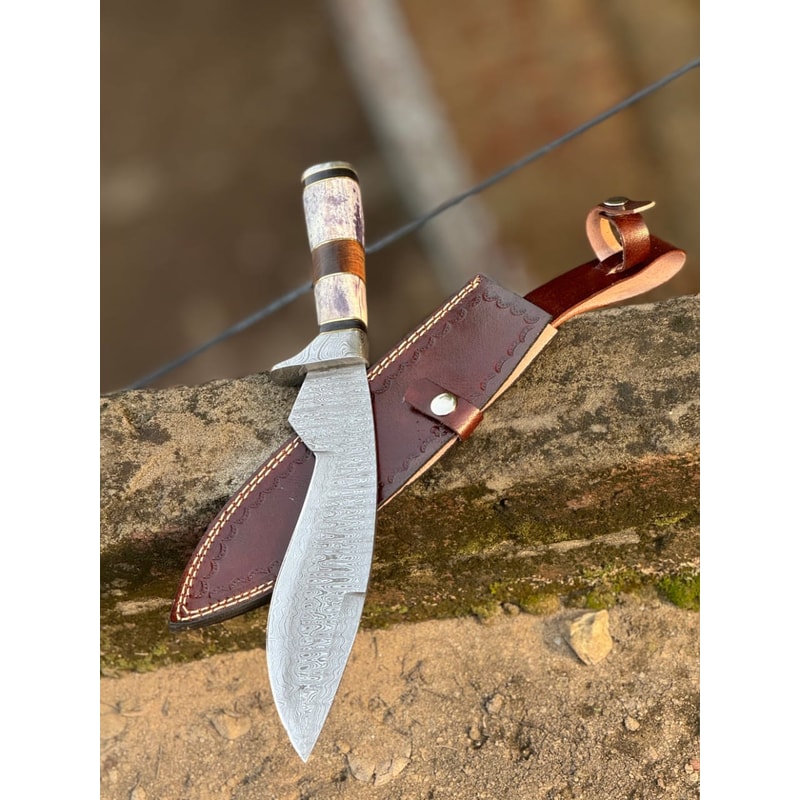 Handmade Damascus Kukri Knife With Leather Sheath 1