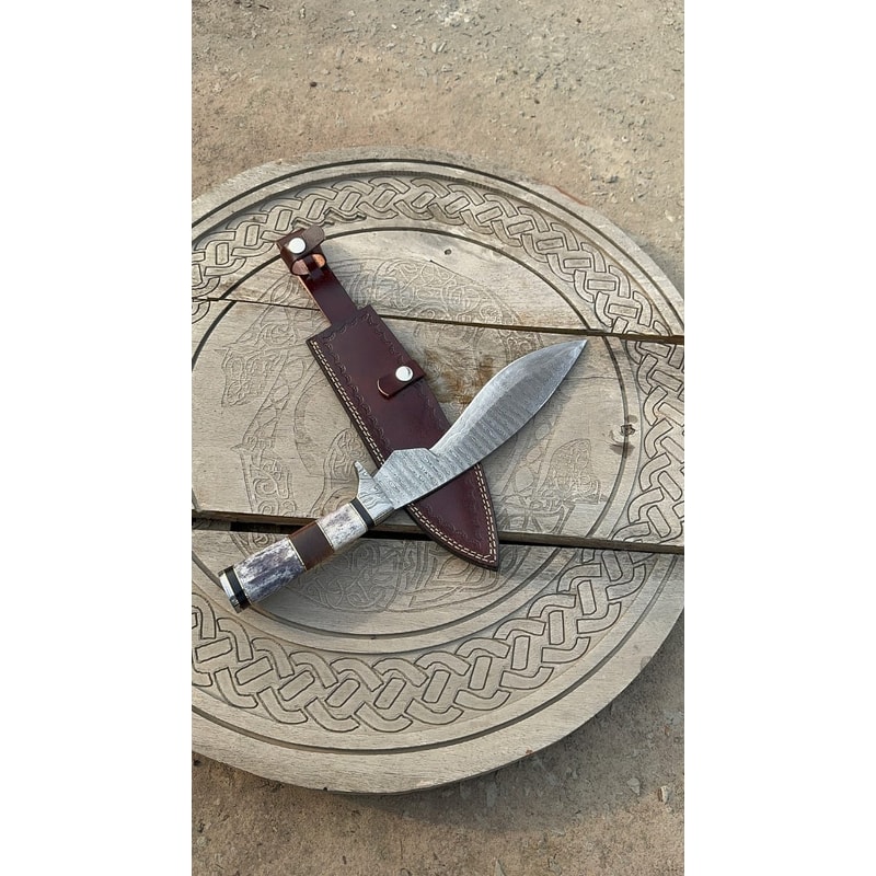 Handmade Damascus Kukri Knife With Leather Sheath 2