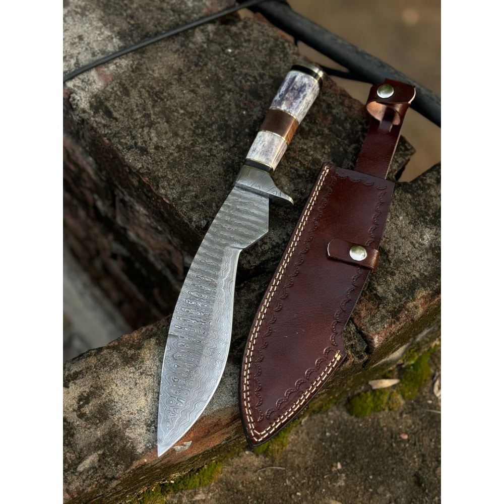 Handmade Damascus Kukri Knife With Leather Sheath 0