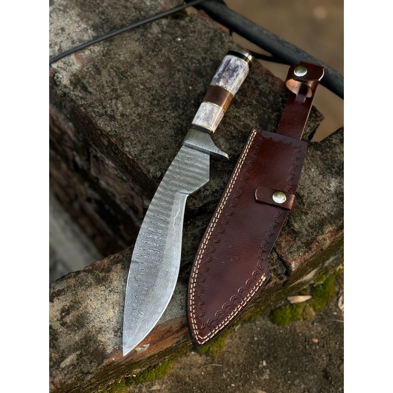 Handmade Damascus Kukri Knife With Leather Sheath 0