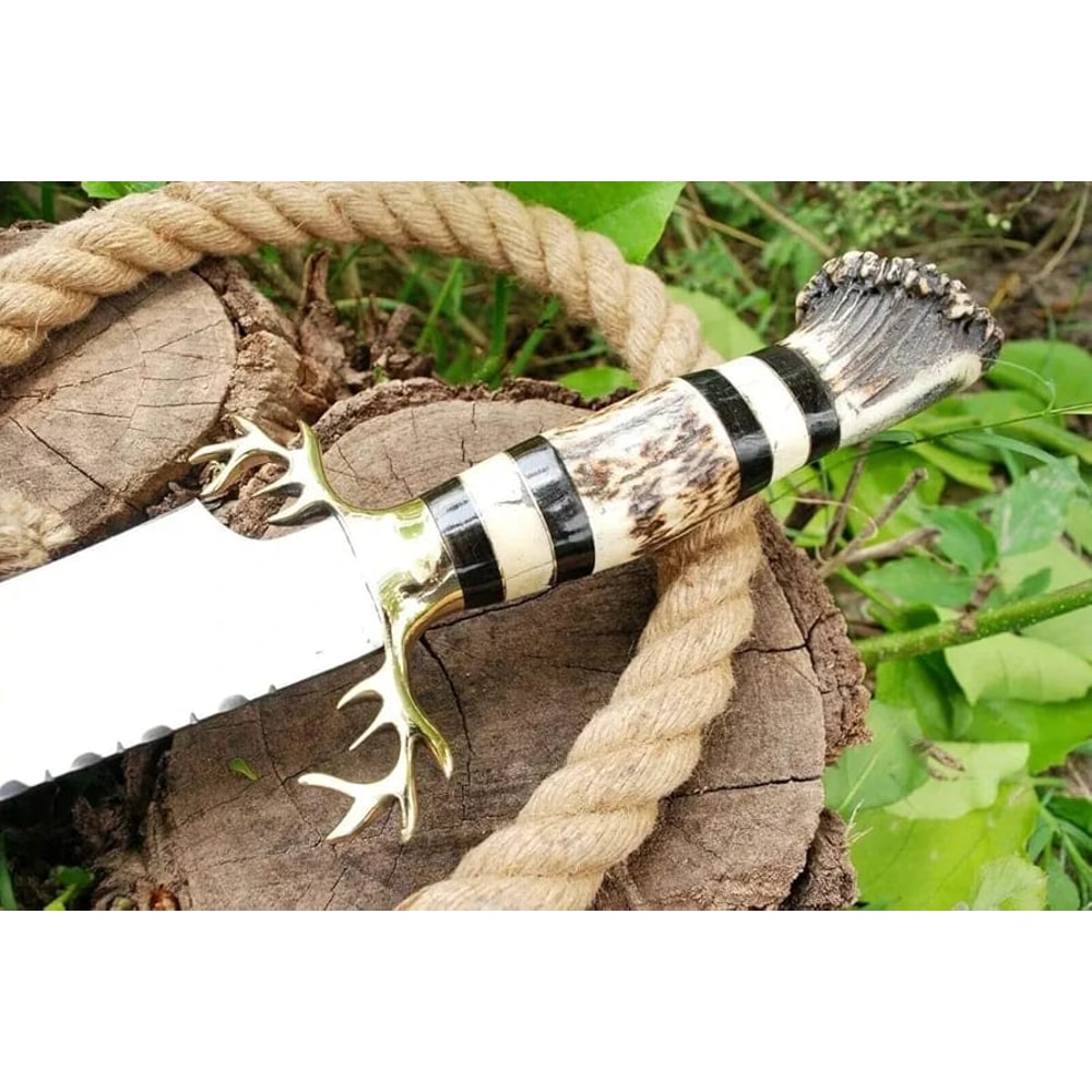 STAG CUSTOM HANDMADE D2 STEEL SURVIVAL HUNTING DAGGER BOWIE KNIFE ANTLER GRIP SHEATH BEST GIFT USA 3