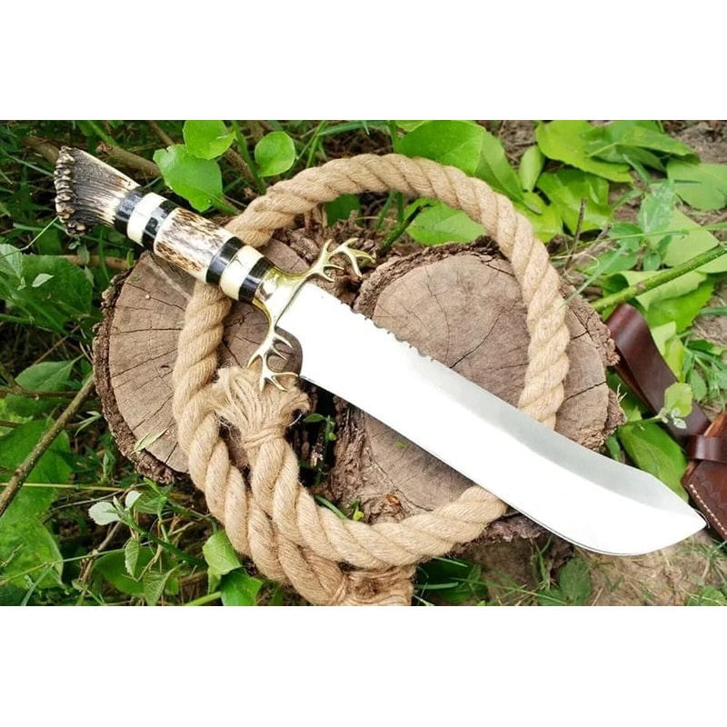 STAG CUSTOM HANDMADE D2 STEEL SURVIVAL HUNTING DAGGER BOWIE KNIFE ANTLER GRIP SHEATH BEST GIFT USA 1