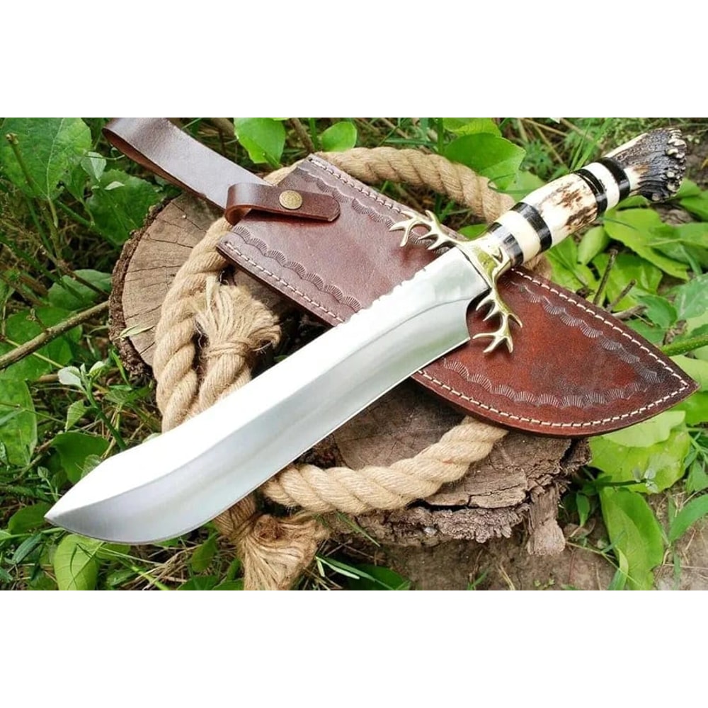 STAG CUSTOM HANDMADE D2 STEEL SURVIVAL HUNTING DAGGER BOWIE KNIFE ANTLER GRIP SHEATH BEST GIFT USA 0