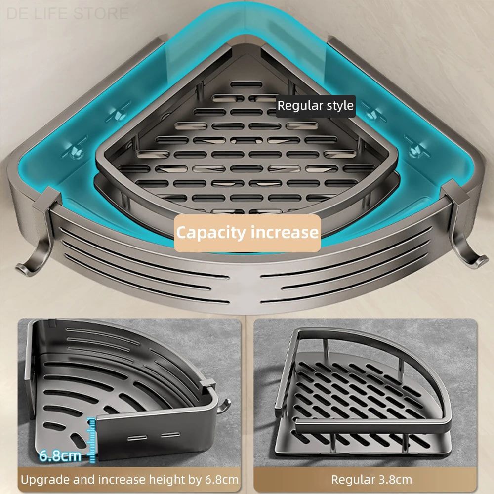 Aluminum Shower Storage Rack NoDrill Corner Shelf with Plastic Hook Towel Bar for Bathroom