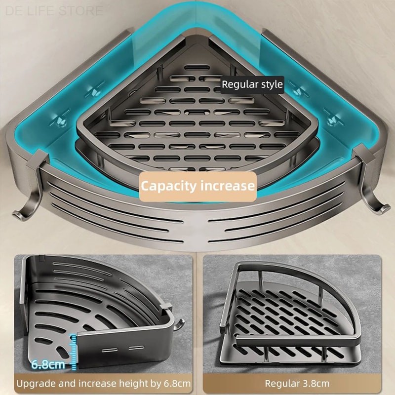 Aluminum Shower Storage Rack NoDrill Corner Shelf with Plastic Hook Towel Bar for Bathroom