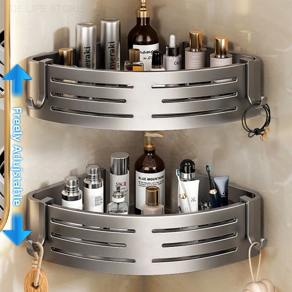 Aluminum Shower Storage Rack NoDrill Corner Shelf with Plastic Hook Towel Bar for Bathroom