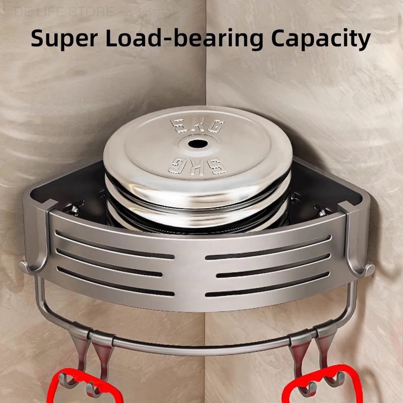 Aluminum Shower Storage Rack NoDrill Corner Shelf with Plastic Hook Towel Bar for Bathroom