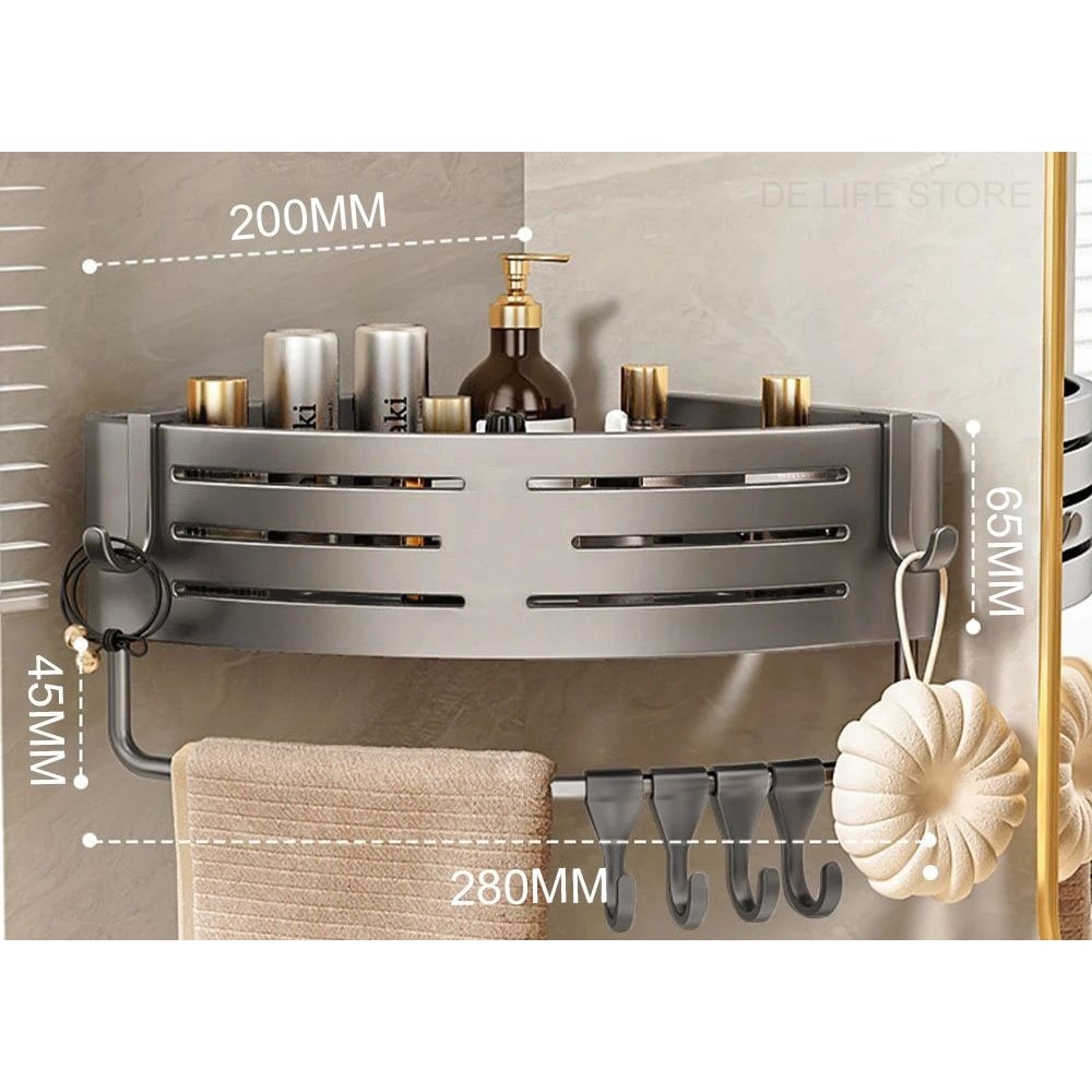 Aluminum Shower Storage Rack NoDrill Corner Shelf with Plastic Hook Towel Bar for Bathroom