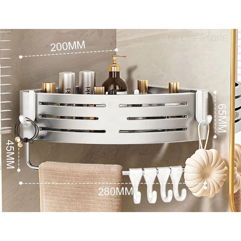 Aluminum Shower Storage Rack NoDrill Corner Shelf with Plastic Hook Towel Bar for Bathroom