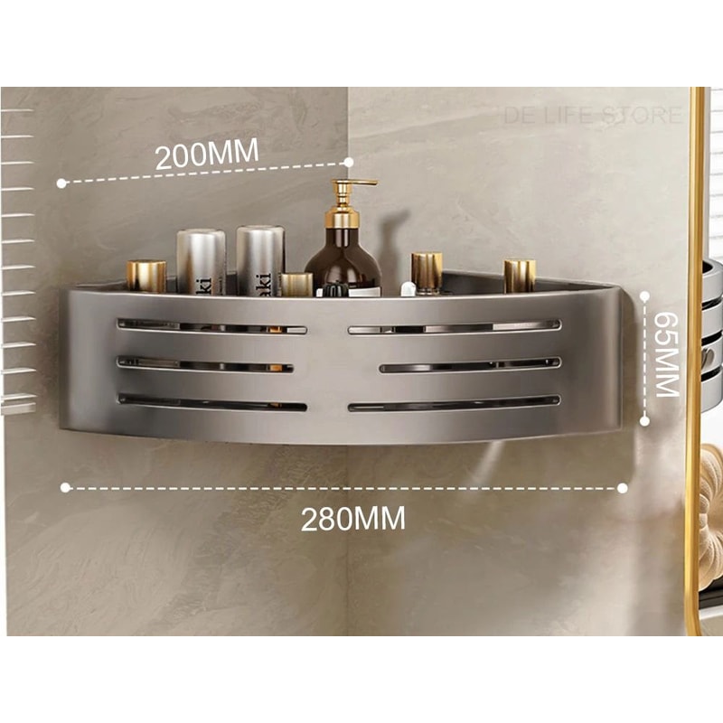 Aluminum Shower Storage Rack NoDrill Corner Shelf with Plastic Hook Towel Bar for Bathroom