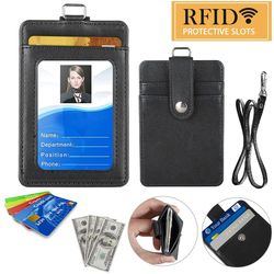 id badge card holder synthetic leather vertical wallet pocket with lanyard, front id window and snap security back slot