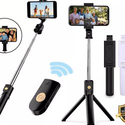 bluetooth selfie stick tripod stand, extendable remote desktop cell phone holder, adjustable lightweight travel tripod