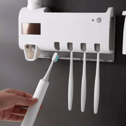 uv toothbrush sterilizer holder with automatic toothpaste dispenser, pir sensor, dual charging