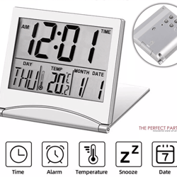 digital travel alarm clock, compact foldable lcd clock with temperature display & timer for desk, home, or travel