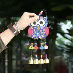 painted wooden wind chime, national style peacock & owl outdoor wind spinner with bells, home & garden decoration
