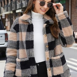 check furry teddy bear long jacket - women's clothing - teddy bear plush fleece button up jacket