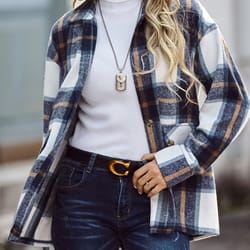 plaid print shacket jacket - casual button front long sleeve outerwear - women's clothing