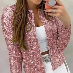 sequined solid jacket - casual open front crew neck long sleeve outerwear - women's clothing