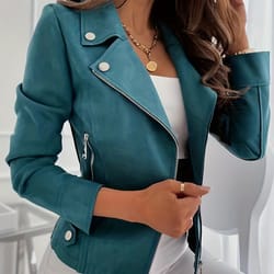 solid zipper biker jacket - casual long sleeve waterfall collar outerwear - women's clothing