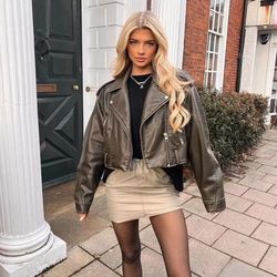 2024 women leather jacket - vintage loose pu faux leather short jacket - belt streetwear female zipper retro moto biker