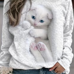 plus size kawaii sweatshirt - women's plus cat print long sleeve round neck sweatshirt