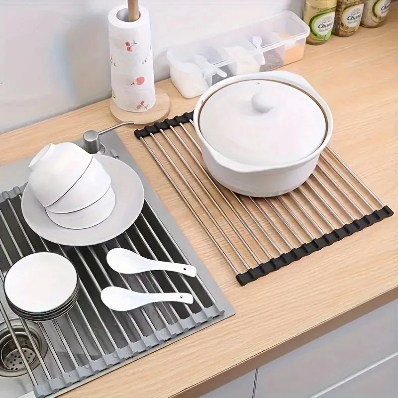 Foldable Silicone Drying Rack For Sink Stainless Steel Fruit Vegetable Drainer Sponge Holder Kitch 3