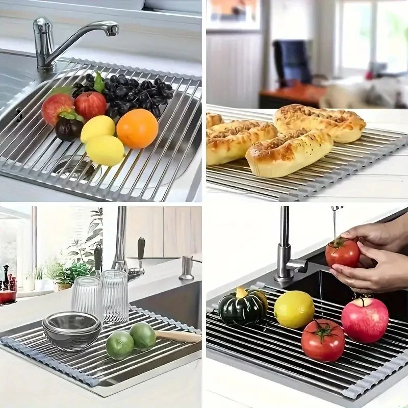 Foldable Silicone Drying Rack For Sink Stainless Steel Fruit Vegetable Drainer Sponge Holder Kitch 4