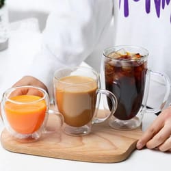 double layer glass cup, heat-resistant borosilicate coffee cup with handle, egg-shaped design for juice/milk