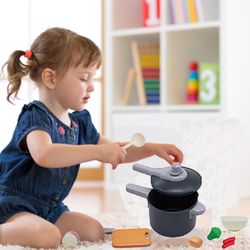 kids kitchen toys play set - kitchen accessories kit with play pots, pans & pretend food for toddlers, ideal cook