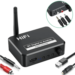 analog audio dac converter adapter, digital spdif optical toslink to 3.5mm aux/rca with bluetooth 5.0 receiver